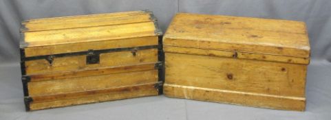 VINTAGE STRIPPED PINE LIDDED CHEST and an iron banded domed top example, both with iron carry