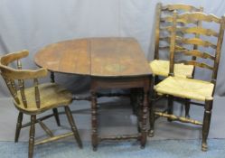 ANTIQUE OAK GATE-LEG DINING TABLE, two ladderback chairs, string seated and a modern smoker's bow