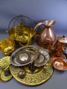COPPER COFFEE POT, copper gallon jug, swing handle brass jam pan and a quantity of other brassware