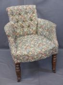 VINTAGE BUTTON UPHOLSTERED BEDROOM ARMCHAIR, floral upholstered on turned oak front supports with