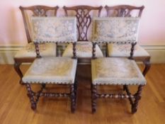 ANTIQUE MAHOGANY & BARLEY TWIST OAK HALL/SALON CHAIRS, (3 + 2), the mahogany examples Chippendale