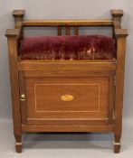 EDWARDIAN INLAID MAHOGANY PIANO STOOL/SHEET MUSIC CABINET, 62.5cms H, 52.5cms W, 32.5cms D