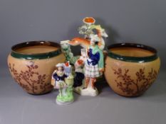 DOULTON LAMBETH SLATERS PLANTERS, A PAIR, 19cms H and three Staffordshire flatbacks