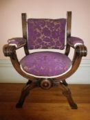 ANTIQUE WALNUT X FRAME ARMCHAIR, 98cms H, 66cms W, 45cms seat depth