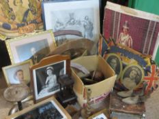 VINTAGE TREEN & WOODEN STANDS, commemorative pictures and prints and an oval wall mirror (within 2