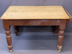 VICTORIAN PINE SINGLE DRAWER FARMHOUSE KITCHEN TABLE, stripped top over a painted base having