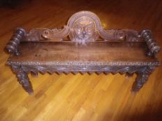 VICTORIAN CARVED OAK HALL BENCH, 77.5cms H, 120cms W, 28cms seat depth