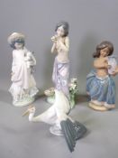 FOUR LLADRO PORCELAIN FIGURINES to include Landing Crane No 1600, Aroma of The Islands No 1480,