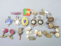 SILVER FOBS, BADGES & GENTLEMAN'S CUFFLINKS, a mixed selection including four hallmarked silver