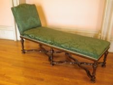 CONTINENTAL WALNUT FRAMED DAYBED/SALON COUCH on Carolean style supports and cross stretchers, re-