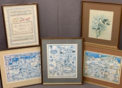 BRIAN EDGE print - male and female Bullfinches, signed, 28 x 21cms, a Sampler - 'A stitch in time