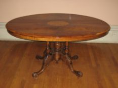 LOO TABLE, Victorian, oval mahogany top having floral and urn inlays with a large centre fan inlay