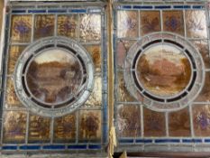 LEADED GLASS PANELS, a pair featuring historical buildings, 53 x 37cms A/F