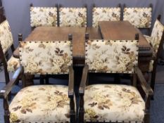 VICTORIAN CARVED OAK EXTENDING DINING TABLE and 8 (6+2) later oak dining chairs