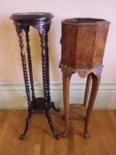 GOOD VICTORIAN WALNUT PLANTER STAND with metal liner and a reproduction mahogany example, 96cms