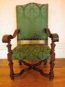CONTINENTAL ANTIQUE WALNUT ARMCHAIR, carved Carolean style with swept and knurled arms and shaped