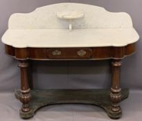 VICTORIAN MAHOGANY DUCHESS TYPE MARBLE TOP WASHSTAND, the shaped top with central shelf splashback