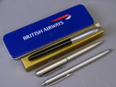 PARKER 25 STAINLESS STEEL BIRO WITH GREEN TRIM, slim Papermate biro, boxed Sheaffer pen and a pair