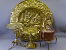 BRASSWARE - fine quality tripod stand, brass charger, copper kettle ETC