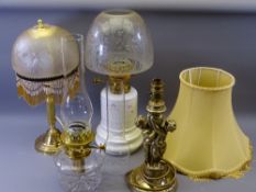 LIGHTING - four vintage lamps including glass based oil lamp including a good etched glass shade