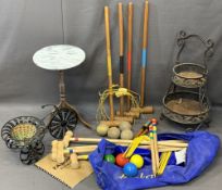 GARDEN ITEMS - two-tier metal planter and a bicycle form planter, a Kroket game, bagged, a vintage