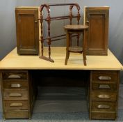 VINTAGE FURNITURE ENSEMBLE to include the pedestal sections of an oak desk, now with modern board