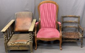 VINTAGE & LATER ARMCHAIRS (3) including an oak barley twist example with adjustable back (for