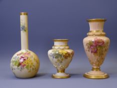 ROYAL WORCESTER BLUSH FLORAL CHINA - three pieces, a narrow necked onion shaped vase No 1215,