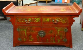 MODERN CHINESE RED LACQUER-STYLE LOW TABLE CABINET, 126cms wide