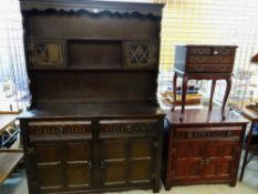 GRANGEMOOR DARK STAINED JACOBEAN-STYLE OAK SIDEBOARD & SIDE CABINET together with small four-