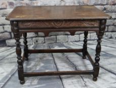 18TH CENTURY & LATER OAK TABLE, boarded and moulded top, carved frieze, baluster turned legs and bar
