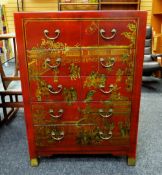 MODERN CHINESE RED LACQUER-STYLE TEN-DRAWER CHEST, 77cms wide