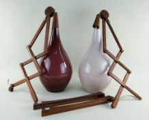 LARGE MID-CENTURY PAIR OF SCANDINAVIAN TEAK & GLASS SCISSOR WALL LIGHTS, colour-cased teardrop