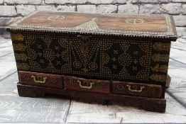 ZANZIBAR TEAK TRUNK, applied brass stud work, apron drawers, interior with candle box