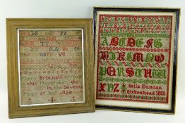 TWO VICTORIAN SAMPLERS, comprising a needlework sampler by Mary Brutnel, aged 7, dated 1839, 28 x