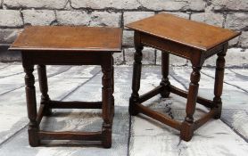 PAIR OF 17TH CENTURY-STYLE JOINED OAK STOOLS, 45cms wide (2)