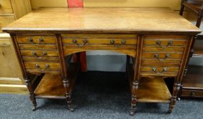 LATE VICTORIAN MAHOGANY KNEEHOLE DESK, fitted seven drawers on turned legs, tied by platform