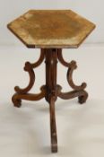VICTORIAN WALNUT TRIPOD TABLE, hexagonal inlaid top on triple cluster column support with bowed