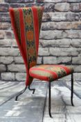 MODERN CAST IRON HALL CHAIR, with red striped upholstery