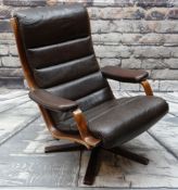 VINTAGE GOTE-MOBLER SWEDISH 'G-MOBEL' BROWN LEATHER LOUNGE ARMCHAIR, on swivel base