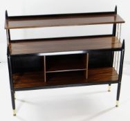 MID-CENTURY MAHOGANY & PART EBONISED BOOKCASE with gilt metal rod sides and feet, 106 x 32 x 96cms