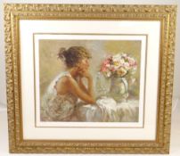 JOSE ROYO limited edition (AP39/50) serigraph - Pensitiva, a girl by a table with flowers, signed