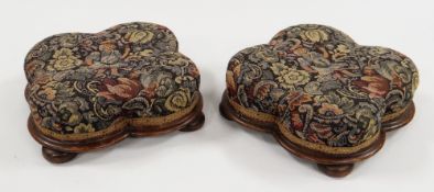 PAIR OF VICTORIAN QUATREFOIL WALNUT FOOTSTOOLS, 30cms diam. (2)