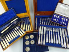 EARLY 20TH CENTURY BOXED TABLE WARES & COMMEMORATIVE COINS, comprising George V silver coffee