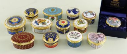 THIRTEEN MODERN ROYAL WORCESTER CHINA TRINKET BOXES, with gilt metal mounts, various printed