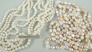 PEARLS comprising long string of cultured pearls, 200cms long, together with five row cultured pearl