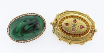 9CT GOLD OVAL MALACHITE BROOCH together with yellow metal ruby and diamond set brooch, 19.5gms (2)
