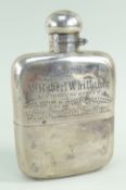 VICTORIAN SILVER HIP FLASK with presentation engraving 'Presented to Mr Robert Whittaker as a