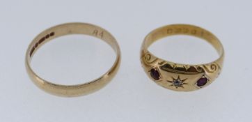 18CT GOLD RUBY & DIAMOND RING, 2.7gms, together with 9ct gold wedding band, 2.6gms (2) Condition
