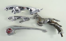 FOUR CAR MASCOTS, including two leaping Jaguars mascots, one 29cm (marked 7/10091/1WBB), the other